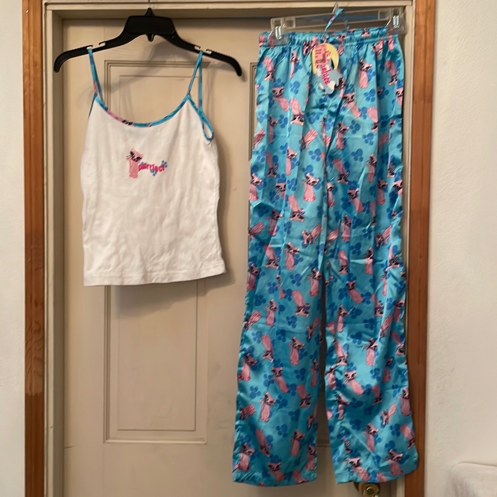 Vintage 1990s Rockabilly Pink Cat Kitty Pajamas Set. Size: S 3/4 P W: 26” NEW!